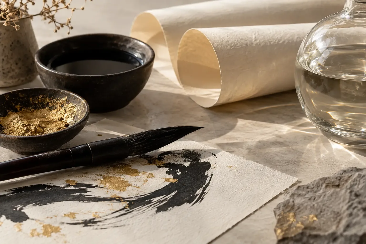 Creative tools on a desk: ink, paper and brush